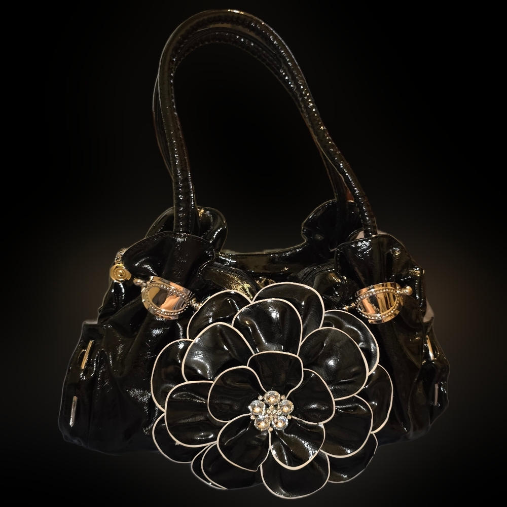 Vegan Patent Leather Black Floral Shoulder Bag